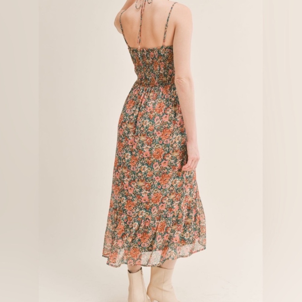 Sadie & Sage Floral Green Red Smocked Halter Midi Dress - Picture 2 of 12
